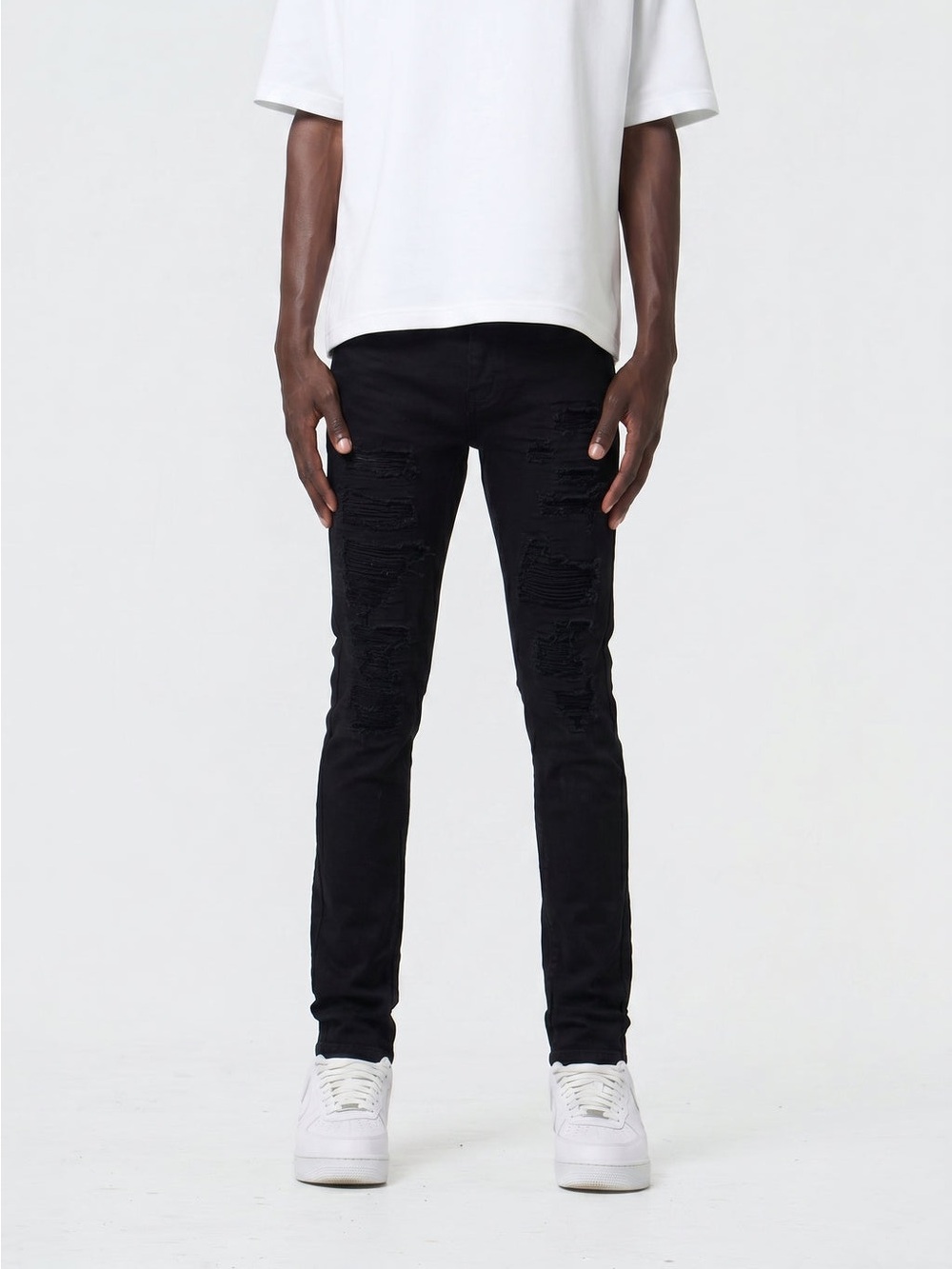 Waimea Distressed Black Men's Skinny Jeans - Picture 2 of 12
